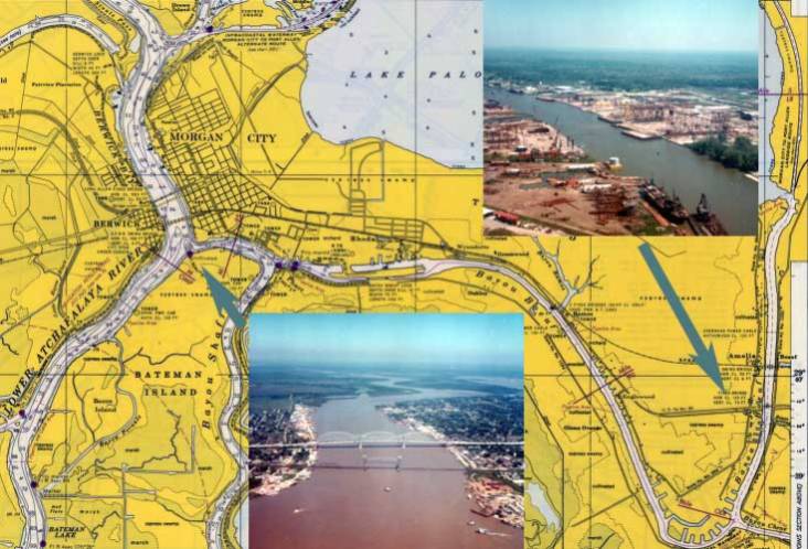 Much of the construction portion of the offshore oil industry in the Gulf was centred in Morgan City, LA. The upper right inset above shows platforms being built in yards along the Bayou Boeuf south of Amelia, LA. Most conventional platforms were prefabricated onshore. They were then floated down the bayou and past Morgan City (shown in the lower middle inset above) into the Atchafalaya River and then into the Gulf.