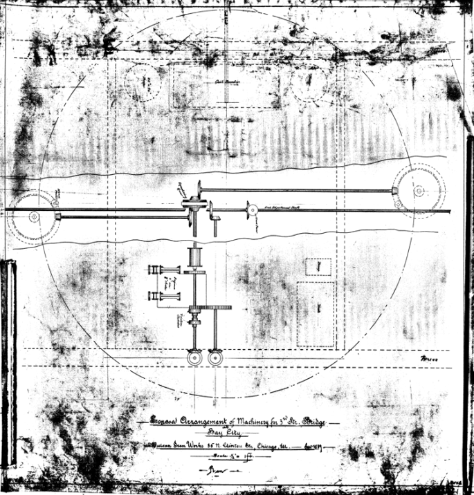 Proposed arrangement of machinery for the 3rd Street Bridge in Bay City, MI, dated September 1889. The swing bridge built collapsed 18 June 1976, cutting the city in half.
