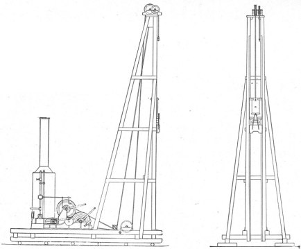 Standard Contractors Pile Driver: for drop hammers in the 1-3 kip range. Note the vertical steam boiler at the left which power the rig.