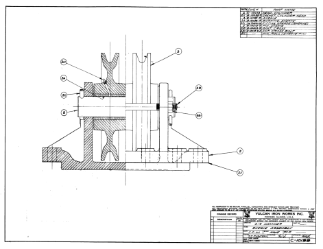 Sheave diagram for the 014 and 016 Hammers, showing the dual sheave arrangement which was common on Vulcan hammers. Note the use of roll pins; cotter pins became standard in the 1960's. If you don't use the sheaves in a hammer, use a bar or suspension head instead.